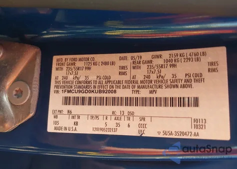 2019 Ford Escape Se z USA, uszkodzony, nr VIN 1FMCU9GD0KUB92008